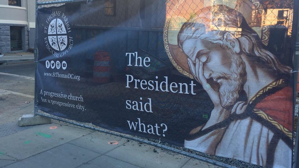 church sign saying showing Jesus with his head in his hands saying, the president said what?