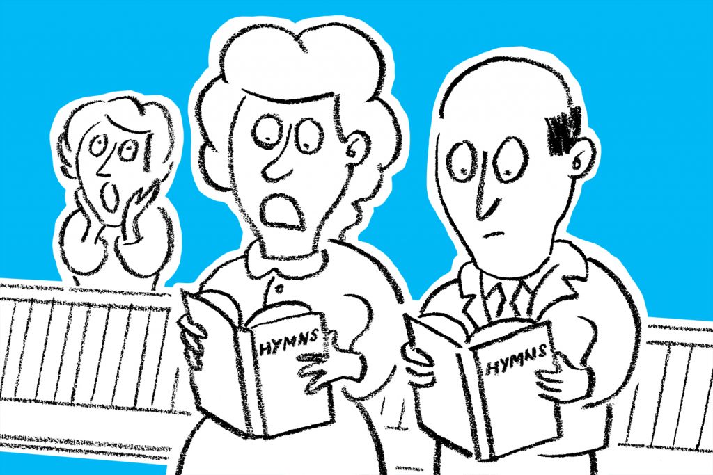 Cartoon of people singing hymns with rude words