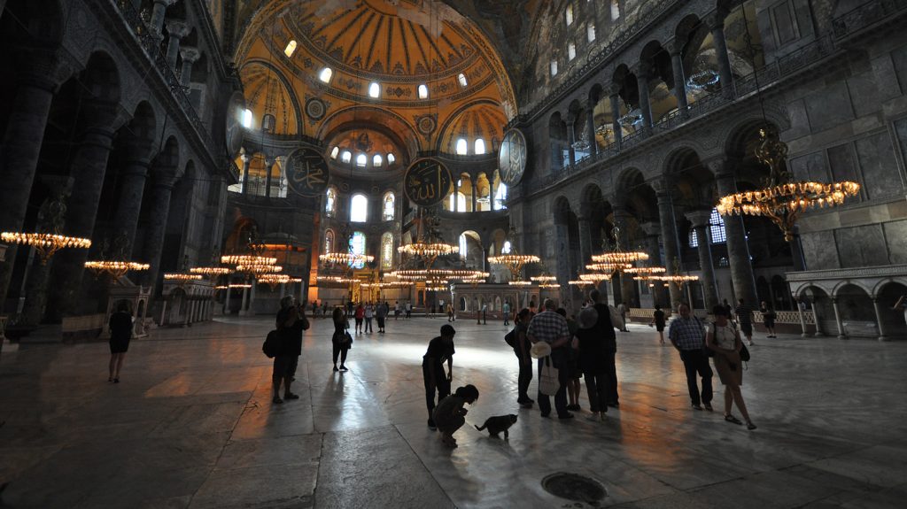 Interior of Hagia Sophia with girl and cat